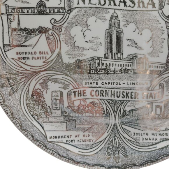 Vintage Nebraska Souvenir Plate 9" With State Capitol & Landmarks In Brow & Gold - Picture 7 of 15
